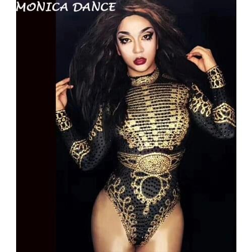 Sexy Stage Glisten Black Gold Crystals Bodysuit Women Long Sleeves Outfit Dance Stage Show Nightclub Costume Singer Leotard Wear