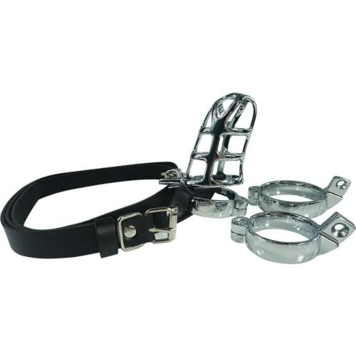Including 40mm 45mm 50mm 3 size ring metal male chastity device bondage cock cage penis lock with leather belt sex toys for men