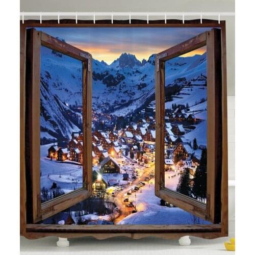 Country Shower Curtain Nature Wooden Primitive Windows Cityscape European Mountain Houses Village Farmhouse View Bathroom Decor