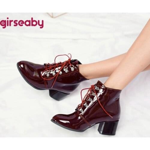 Girseaby Women Ankle Boots Round Toe Square Heel 5.5cm Patent Leather Lace-Up Short Plush Big Size 34-43 Waterproof Black B2143