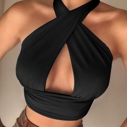 Women Tank Tops 2021 Summer Ladies Sleeveless Halter Cross Bandage Elegant Crop Top Solid Color Club Sexy Cami Tops Female