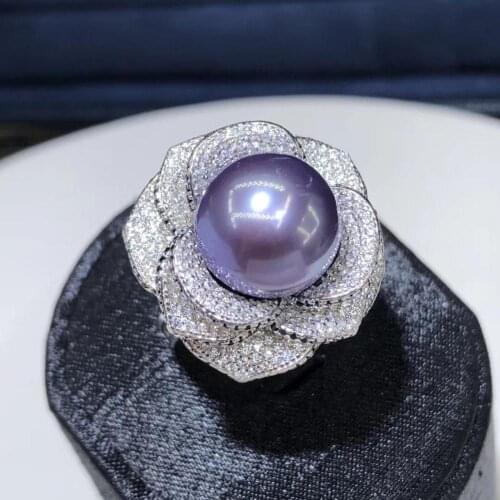 D524 Pearl Ring Fine Jewelry 925 Sterling Silver Round 12-13mm Nature Fresh Water Edison Purple Pearls Rings for Women Presents