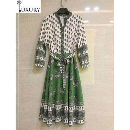 Women High Quality Designer 2020 Autumn Style Ladies V-Neck Vintage Print Long Sleeve Large Swing Party Casual Dress Lady