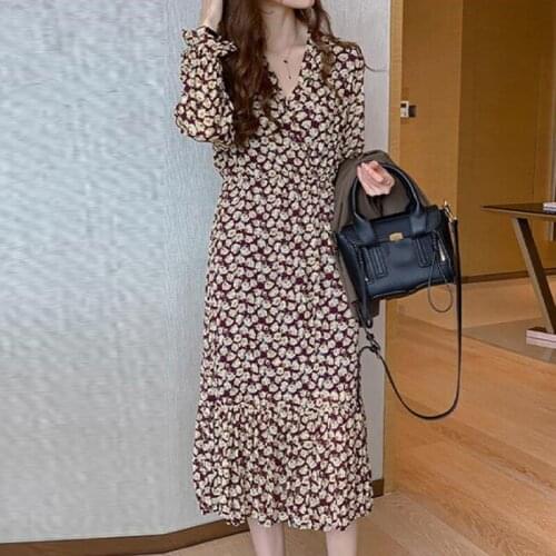 Women Autumn Spring Winter Long Sleeve Sexy Dresses Floral Print Ladies Casual V-Neck Chiffon Ruffles Elegant Vintage Dresses