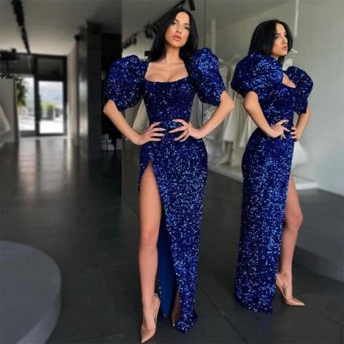 Royal Blue Mermaid Evening Dress Puffy Cap Sleeve Sequins High Split Prom Dresses vestido de novia Party Gowns