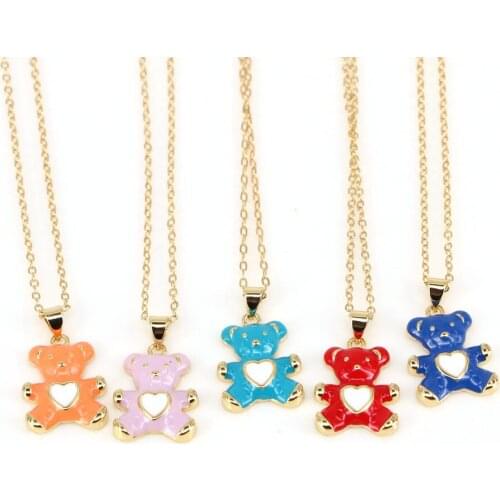 5PCS, Heart Bear Necklace Fashion Jewelry Style, Colorful Enamel Pendant Chain Necklace