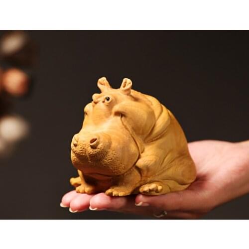 Boxwood 8cm 11cm Hippo Sculpture Feng Shui Car Decoration Wood Lucky Animal Statue Cartoons Home Decor