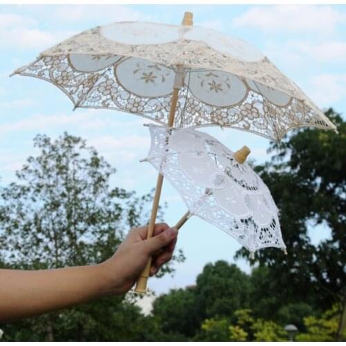 White Beige Lace Parasol Umbrella Wedding Elegant Cotton Embroidery Umbrella