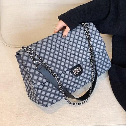 Branded Womens Denim Shoulder Bags Female 2021 Plaid Canvas Handbag Large Capacity Quilted Chain Shoulder Purse Lady Clutch Bag