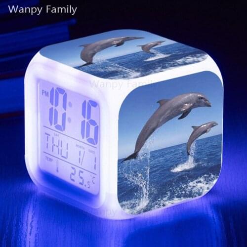 Dolphin LED Alarm Clock 7 Color Change Glowing Digital Clock For Kids Birthday Gifts Multifunctional Electronic Flash Clock