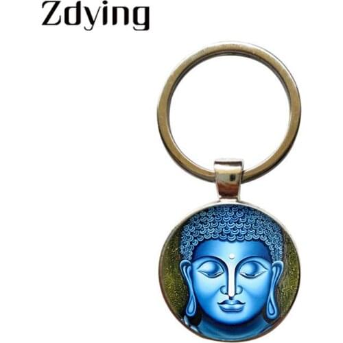 Zdying Buddhism Religious Jewelry Keychain Handmade Round Glass Buddha Painting Cabochon Keyrings Key Ring Pendant Holder BH013
