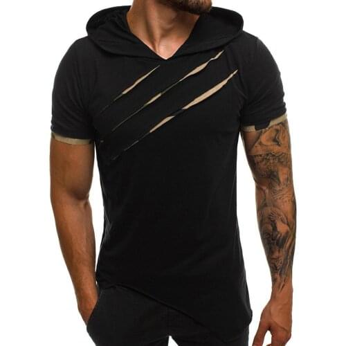 Men Short Sleeve Ripped Irregular Hem Slim Blouse T-shirt Fitness Hoodie Ripped Irregular Blouse T-shirt Fitness Hoodie