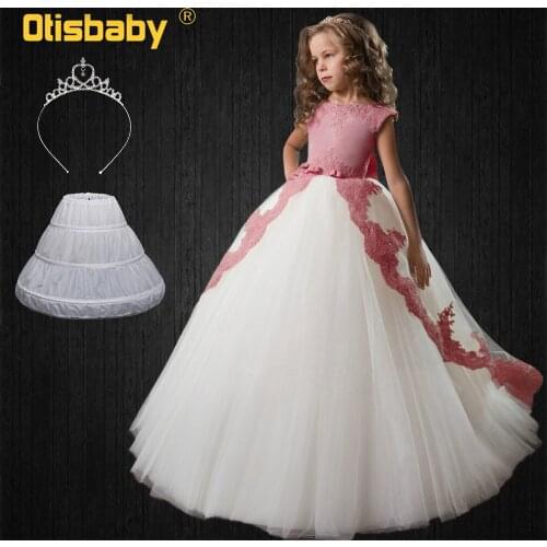 Boutique Teen Girl Pink Embroidery Flower Evening Dess with Long Tail Birthday Party Lace Dresses for Girls 10 11 12 13 14 Years