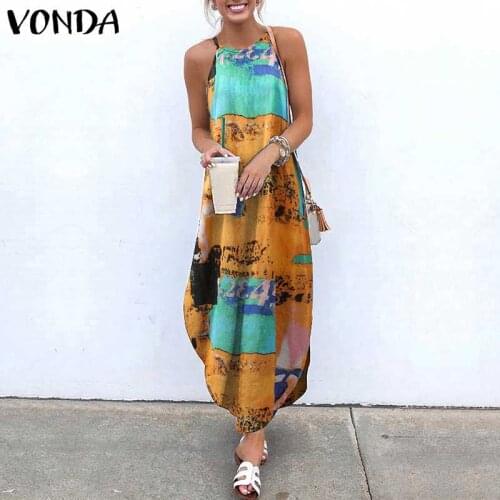 Elegant Club Party Dress 2021 Summer Sexy Sleeveless Vintage Printed Maxi Long Dresses VONDA Summer Vestidos 19 Colors