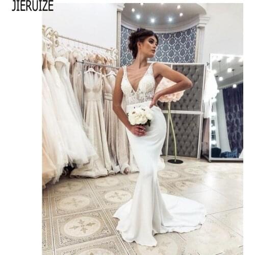 JIERUIZE Fashion V Neck Mermaid Wedding Dresses Backless Illusion Bodice Bride Dresses Lace Beach Bridal Gowns vestido de noiva