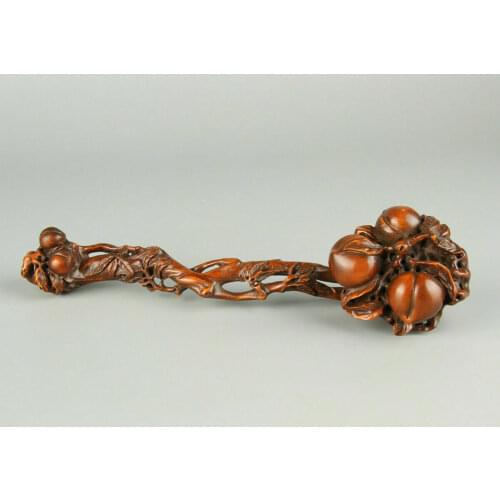 Chinese Exquisite Hand carved Peach Carving Boxwood Ruyi Statue