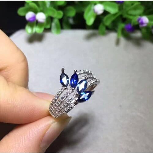Natural blue sapphire Ring Natural gemstone Ring S925 sterling silver trendy Elegant array feather women party gift Jewelry