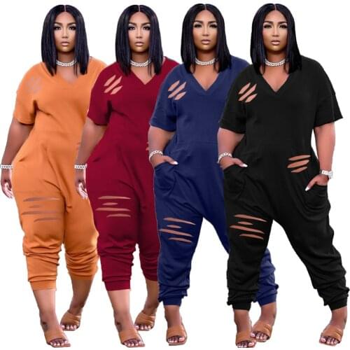 Solid Color Fashion Womens Personality Ripped Holes Burnt Flowers Irregular Pockets Sexy V Neck Loose Jumpsuit Dropshipping