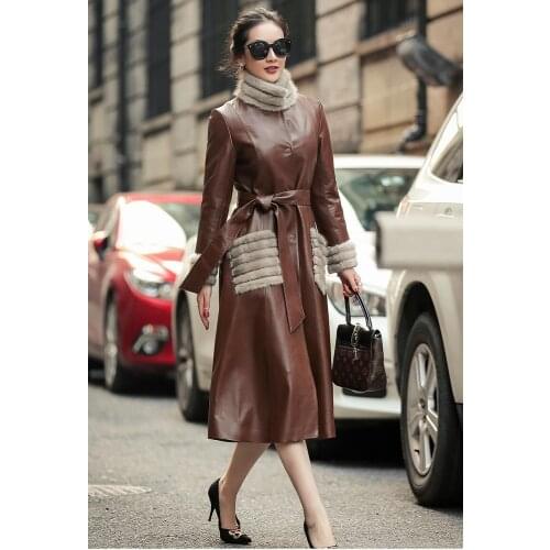 Jacket Leather Real Winter Jacket Women Mink Fur Collar Down Jacket Goatskin Coat Female Long Windbreaker XS19D08-28