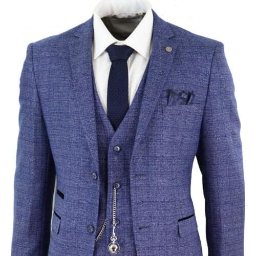 Mens Blue Check 3 Piece Suit Herringbone Vintage Peaky Blinders 1920s Trim Work Occasional Wedding Party Prom Wedding Tuxedos