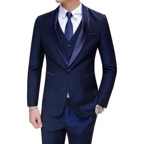 New Arrival One Button Navy Blue Groom Tuxedos Groomsmen Shawl Lapel Mens Suits Blazers (Jacket+Pants+Vest+Tie) W:1066