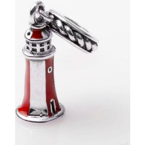 Authentic S925 Charm Enamel Lighthouse Dangle Pendant Charms fit Lady Bracelet Bangle DIY Jewelry