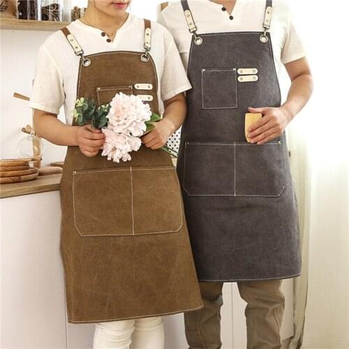 Unisex Durable Work Apron For Men Women Canvas Apron Bib Cross-Back Straps Adjustable Cooking Kitchen Aprons With Tool Pockets