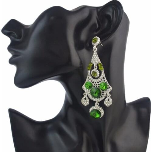 Handmade Bridal Wedding Earrings For Women Party Luxury Green Stone Crystal Long Drop Earrings With Rhinestone Brincos Jewelry