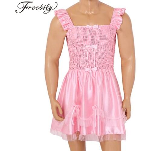 Gay Men Adult Sleeveless Lingerie Sissy Dress Sleepwear Exotic Apparel Ruffled Bodice Stretchy Satin Dress Cross Dresser Costume