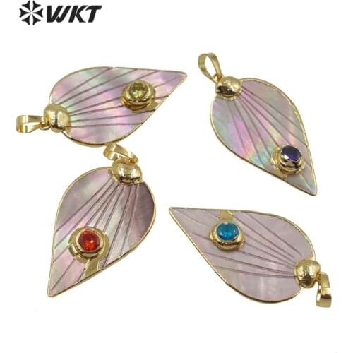WT-JP200 WKT Optional Color Natural Pink Shell With CZ Charm Pendant Leaf Fashion Pendant Jewerly For Women Necklace Making