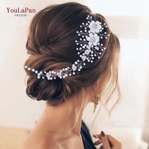YouLaPan HP295 Ceramic Flowers Wedding Headbands for Bride Crystal Pearls Women Hairpins Bridal Headpiece Hair Jewelry