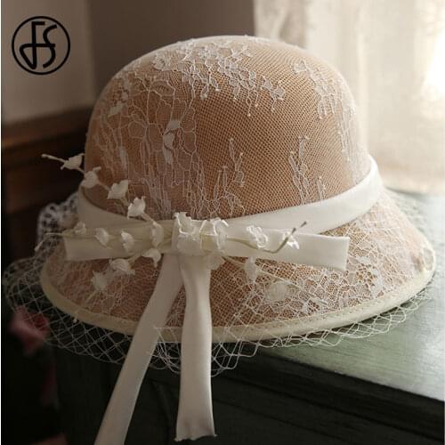 FS 2021 Lace Flowers Fedora Hats For Women Fashion Wide Brim Hats British Style Vintage Wedding Church Hat Lady Derby Cloche Cap