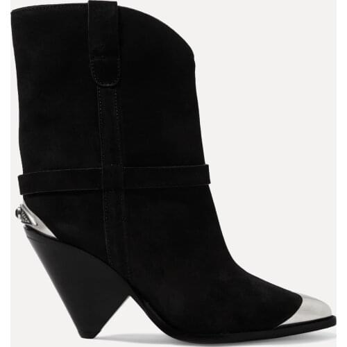 Women Shoes Paris Lamsy Boots Embellished Black Suede Ankle Boots Metal Toe Metal Trims Heels