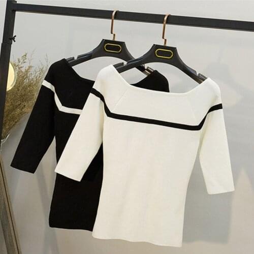 Off Shoulder Top Korean Sexy Shirt Women Black White T Shirt Cotton Stretch Knitted Half Sleeve Boat Neck Ladies Clothes Casual
