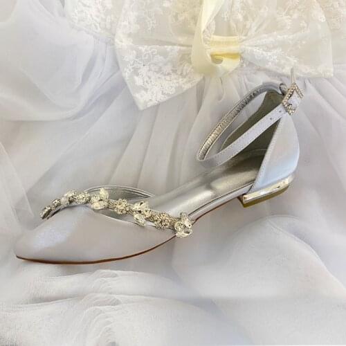 Womens Satin Bridal Wedding Flats Ankle Strap Pointed Toe Elegant Ballet for Guest Reception Occational Dressing Shoes