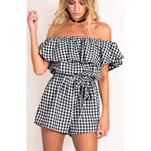 Women Rompers Sexy Off Shoulder Ruffle Jumpsuit Lattice Boho Mini Bodysuit Ladies Strapless Casual Beach Party Jumpsuits