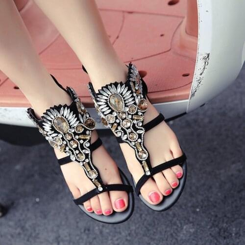 Koovan Womens Sandals 2021 Spring And Summer Womens Sandals Flowers Rhinestone Gemstone Flip Flop Flat Roman Sandals