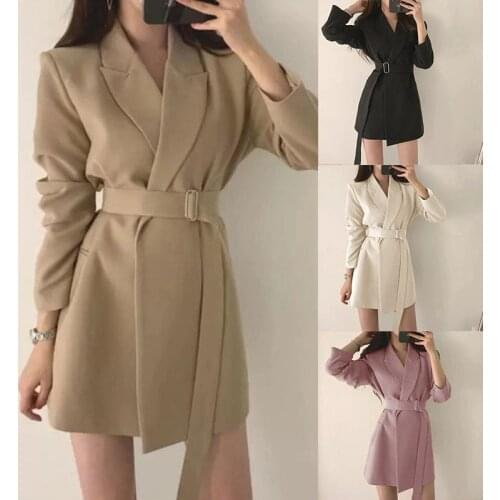 Spring Autumn Women Long Blazers Jacket With Belt Female Notched Outwear Office Lady Coat England Style Cardigan