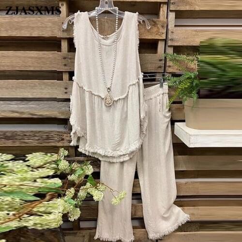 2021 Spring Summer Tassel Two Piece Outfits Women Casual O Neck T Shirt and Elastic Waist Sets Solid Sleeveless Vest Retro Suits