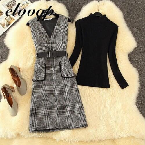 Tweed 2 Piece Set Women Autumn Winter Slim Plaid Woolen Overall Dress Set Fashion Turtleneck Sweater +vest Dress Suit 2021 New