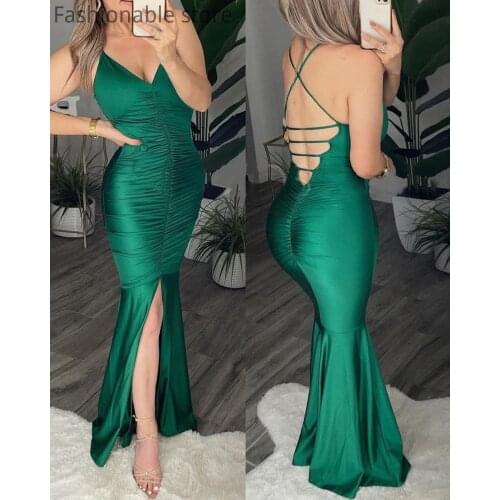 Women Sexy Deep V Neck Open Back Criss-cross Satin Ruched Maxi Mermaid Party Dress