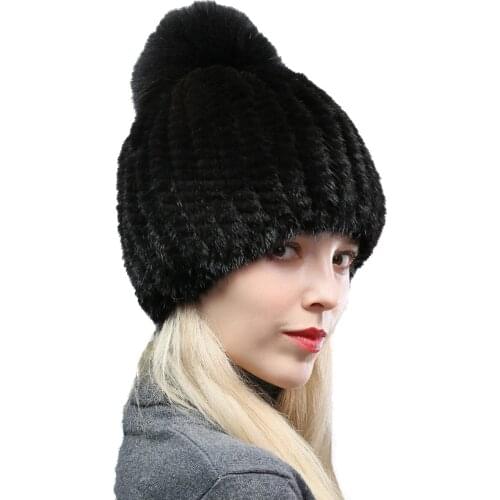 Winter Fur Hat For Women Real Mink Fur Skullies Beanie Cap With Fox Fur Ball Lady Earmuffs Headgear Vertical Striped