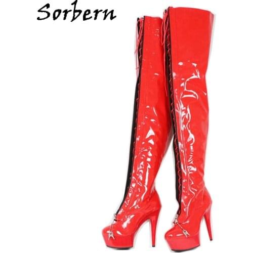 Sorbern 15Cm Platform Crotch Thigh High Female Boot Zipper Front Platform Lockable Burlesque Laceup Zip Red Patent Boots 2019