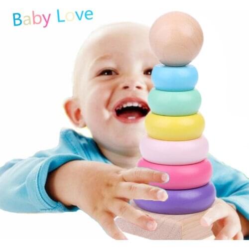 Warm Color Rainbow Stacking Ring Tower Stapelring Blocks Wood Toddler Baby Toys