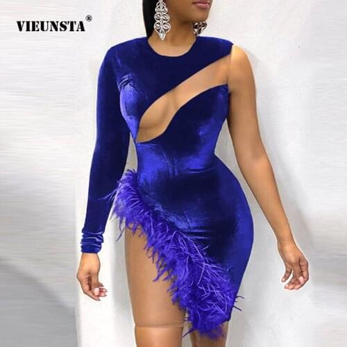 Elegant Velvet Feather Mesh Women Dress Casual Lady O Neck Hollow Out Party Dress Sexy Irregular One-shoulder Club Dress Vestido