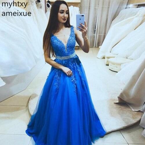 Elegant V-neck Plus Size Prom Dresses Sleeveless Royal Blue Formal Party Gows With Diamonds Sashes Floor Length Dress Elegant