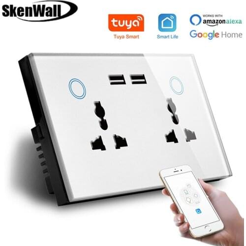 EU 13A 2 Gang Usb Multi-function wifi socket,WIFI socket with 2 USB,WIFI Smart Wall Socket compatible alexa,google assistant