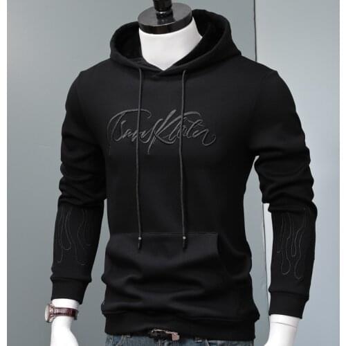 Black Hoodies Fashion Men Letter Embroidered Fleece Hoody 2020 Autumn Winter Streetwear Oversized Warm Clothing