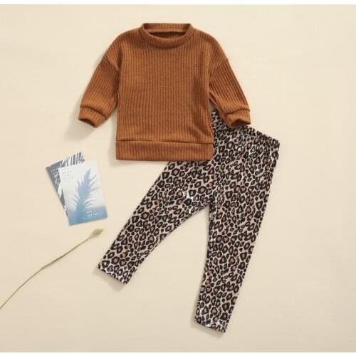 FOCUSNORM Autumn 2pcs Lovely Kids Girls Clothes Sets Outfit 1-6Y Long Sleeve Solid Knit Pullover Tops Leopard Pants