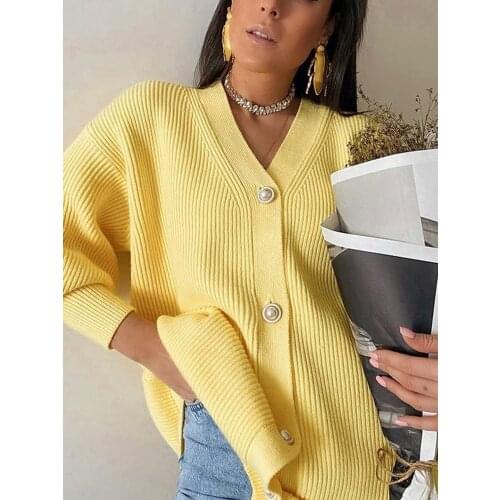 BerryGo Casual v-neck knitted kimono cardigan women Autumn winter lantern sleeve button female cardigan 2020 Streetwear sweaters